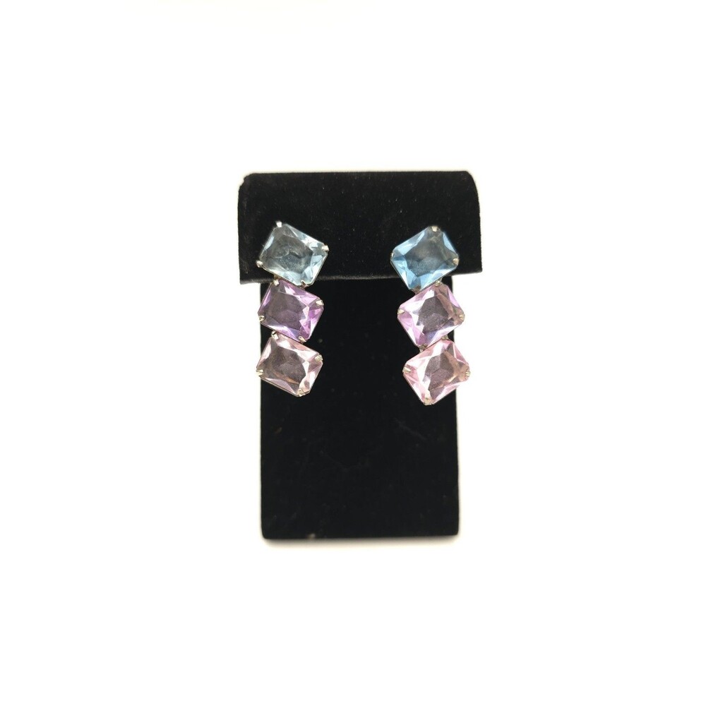 Vintage Acrylic Rhinestone Drop Earrings Blue Pink Purple Silver Tone Deco‎